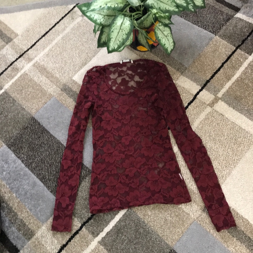 BKE Lace Wine-colored/Burgundy Long-sleeved Shirt - Picture 3 of 8